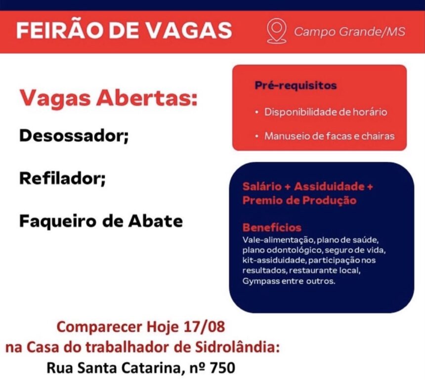 Vagas abertas: Friboi seleciona hoje (17) profissionais com experiência em frigorífico na casa do trabalhador
